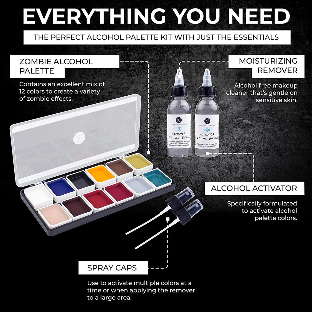 Narrative Cosmetics 12 Color Zombie Alcohol Activated Makeup Palette Kit - Includes Alcohol Activator and Moisturizing Remover - Waterproof SFX Makeup for Professional Makeup Artists