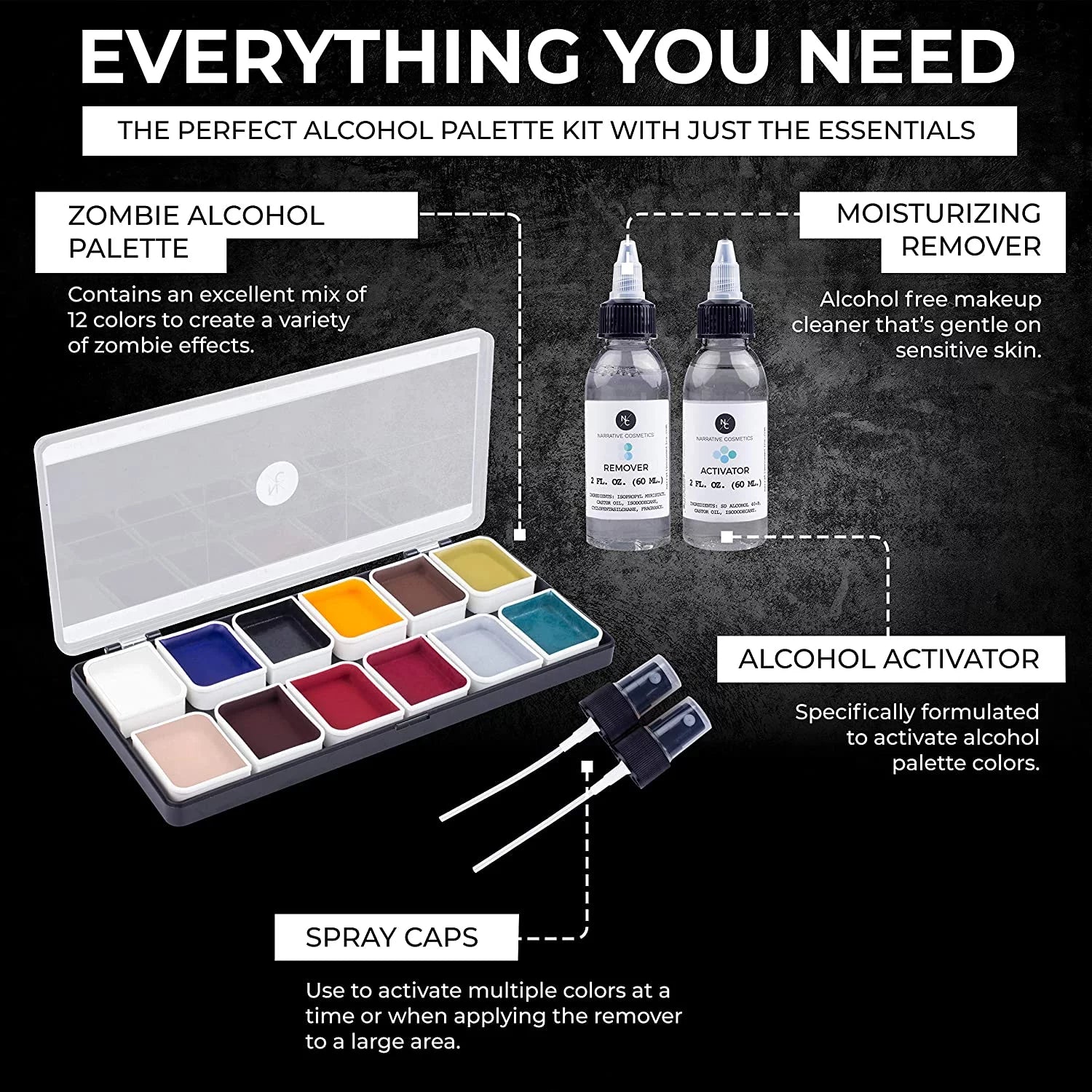 Narrative Cosmetics 12 Color Zombie Alcohol Activated Makeup Palette Kit - Includes Alcohol Activator and Moisturizing Remover - Waterproof SFX Makeup for Professional Makeup Artists