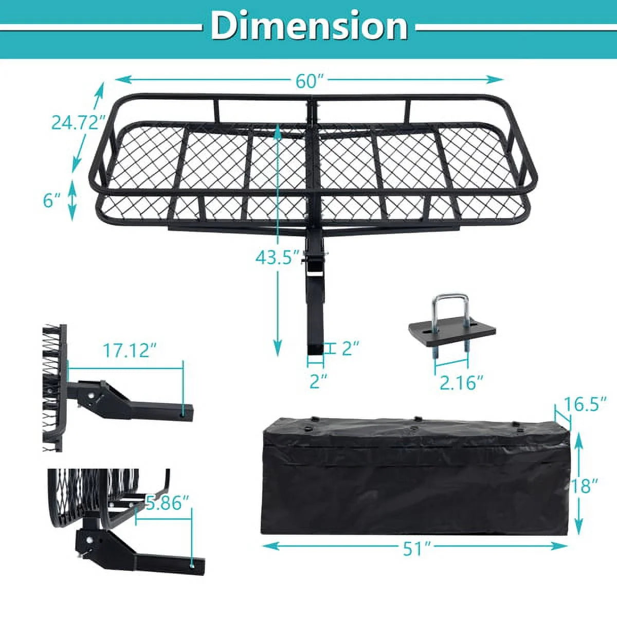 Teledu 60" x 24" x 6" Hitched Mounted Folding Cargo Basket with a 500 lb Capacity for Car SUV Truck Trailer, Midnight