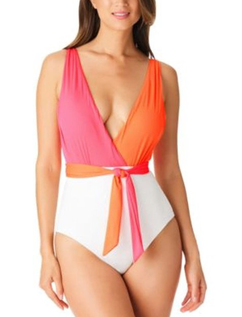 Sanctuary WHITE MULTI Colorblocked Tie-Front One-Piece Swimsuit, US Large