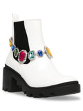 BETSEY JOHNSON Individuals White Gem Accent Strap Pull Tab 1" Platform Goring Padded Jenesis Round Toe Block Heel Moto 7 M
