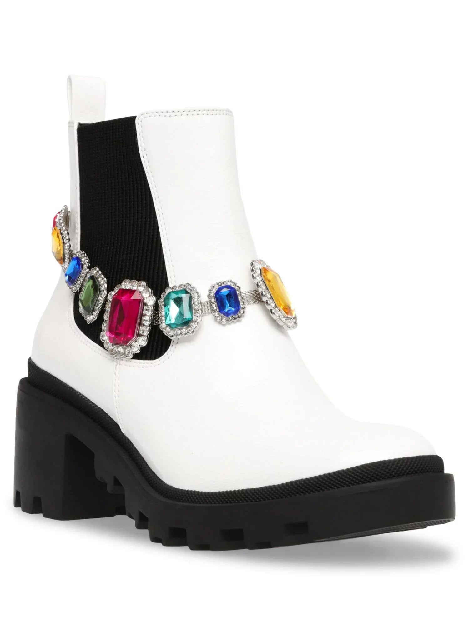 BETSEY JOHNSON Individuals White Gem Accent Strap Pull Tab 1" Platform Goring Padded Jenesis Round Toe Block Heel Moto 7 M