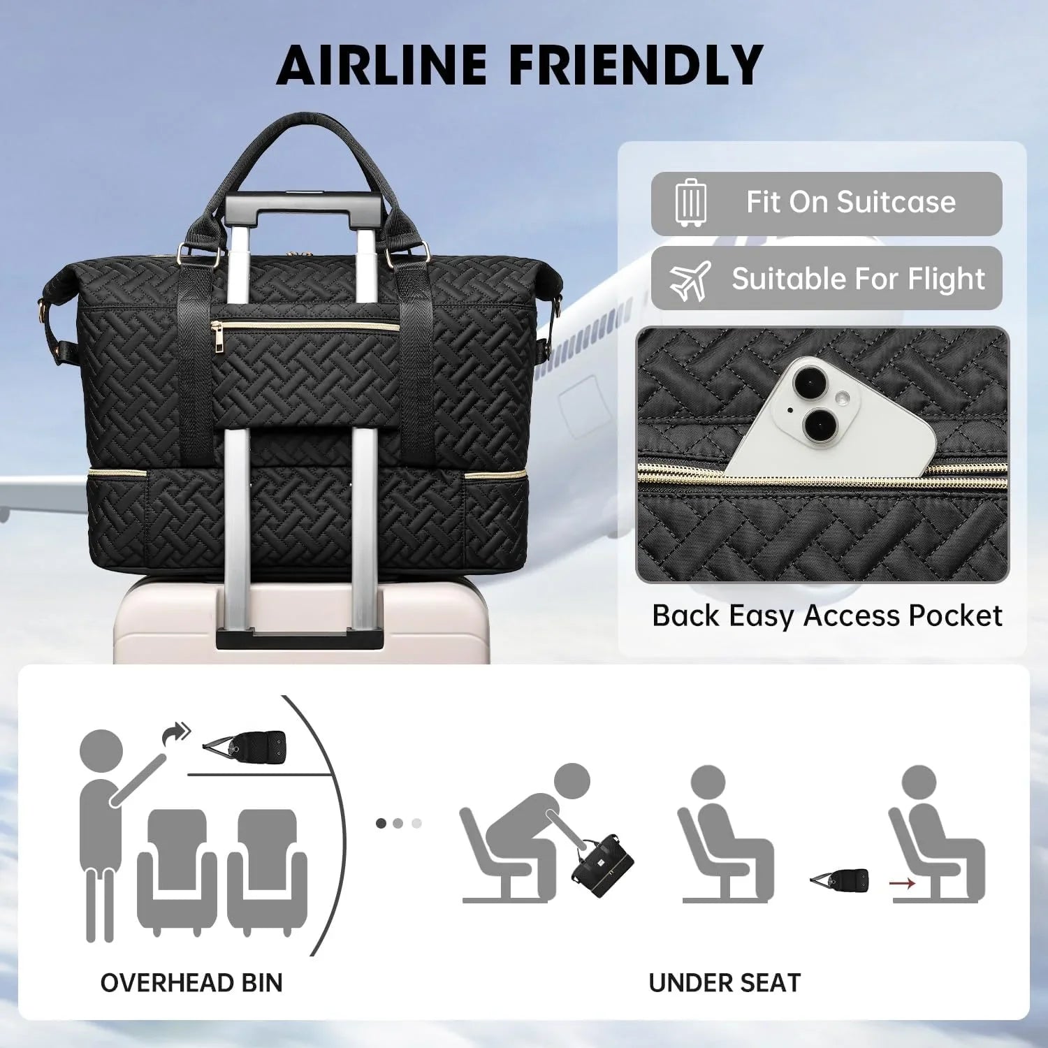 Duffle Bags for People Quilted Travel Edge Bag with Shoe Individuals Large Carry On Overnight Tote Gym Bag with Toiletry Bag,Hospital Bags for Labor and Dark