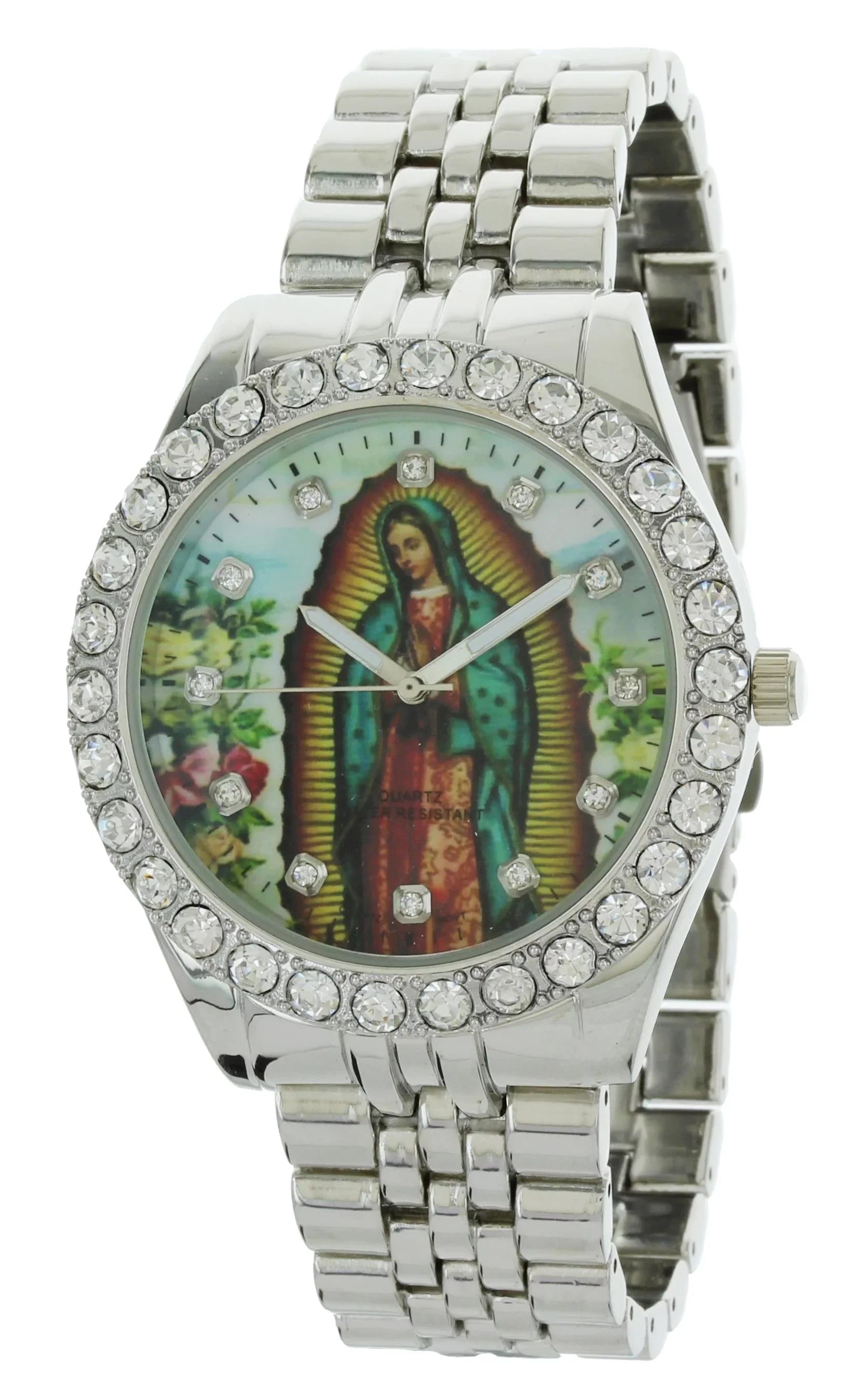 Individuals Our Lady of Guadalupe Silver-Tone Metal Bracelet Watch with Neckless and Cross Termination Set