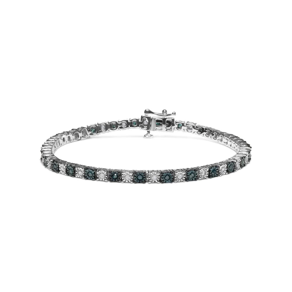 Haus of Brilliance .925 Sterling Silver 1.0 Cttw People with Alternating Round cut Box Clasp White Diamond and Treated Blue Diamond Tennis Bracelet (Blue and I-J Color, I3 Clarity) - Size 7" Inches