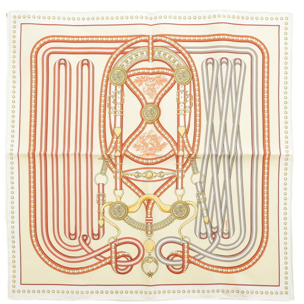 Pre-Owned Hermes Carre 45 Gavroche Scarf Grand Tralala White Cream Orange (Like New)
