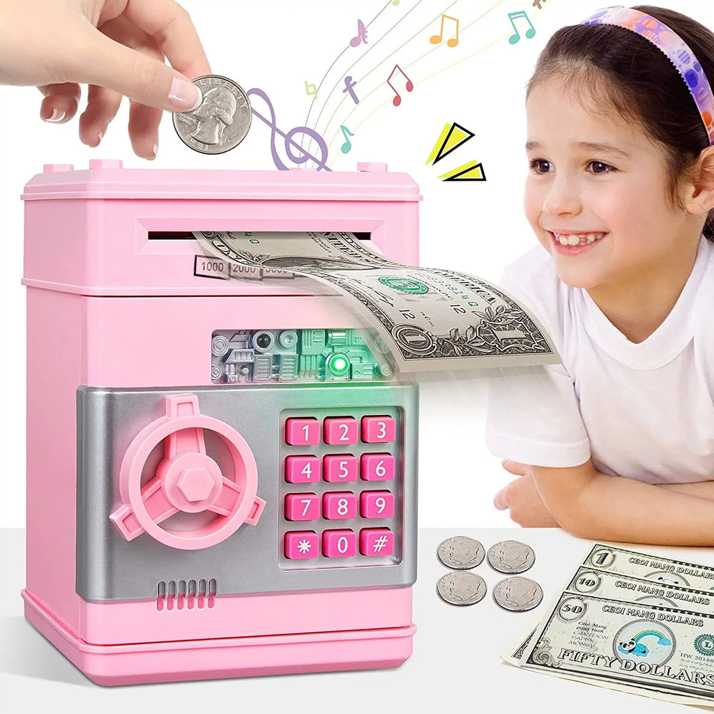 Mini ATM Savings Piggy Bank Toy Real Money Savings Kids Girls Boys Adult Electronic ATM Machine Coin Bank Money Saving Digital Password Cash Safe Box Gifts for Kids (Pink/Silver)