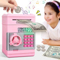 Mini ATM Savings Piggy Bank Toy Real Money Savings Kids Girls Boys Adult Electronic ATM Machine Coin Bank Money Saving Digital Password Cash Safe Box Gifts for Kids (Pink/Silver)