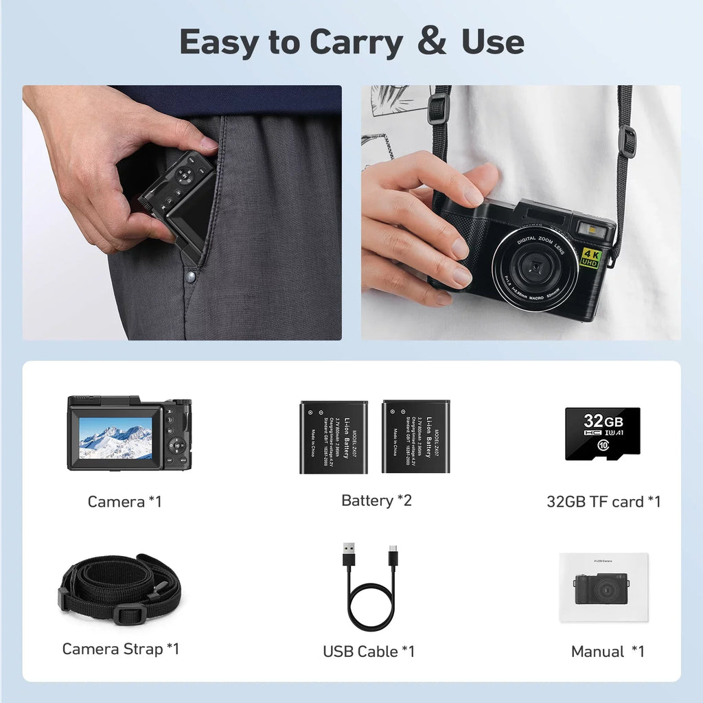 MARVUE Digital Camera 4K Vlogging Camera for YouTube 48MP 16X Digital Zoom with Macro Function & Liftable Flash, Photography Camera 3’’ 180°Flip Screen