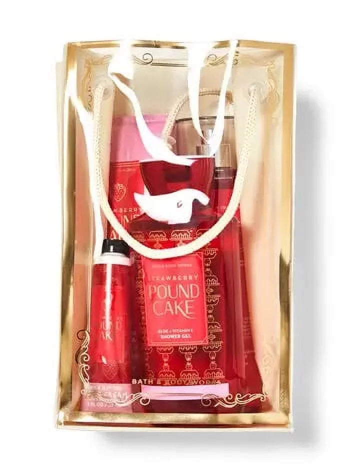 Bath & Body Works STRAWBERRY POUND CAKE Gift Bag - Fragrance Mist - Shower Gel - Body Cream - Hand Cream - Full Size