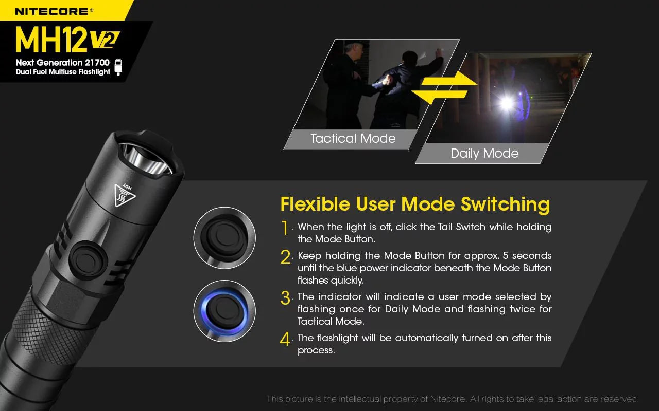 COMBO: Nitecore MH12 V2 CREE XP-L2 V6 LED Flashlight -1200 Gentlemen w/ 21700 Battery and Nitecore NB10000 10,000mAh Power Bank