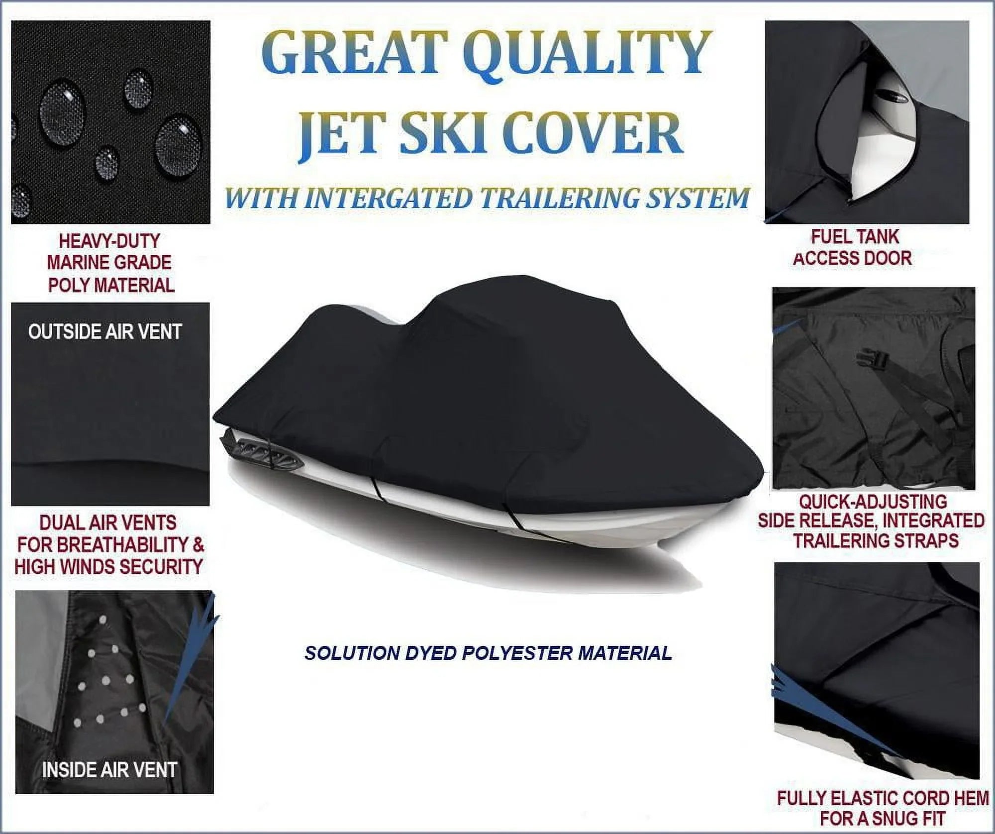 Midnight 600 DENIER JetSki Cover Compatible for Sea Doo Sea-Doo GTS 1990 1991 1992 1993 1994 1995 1996 1997 1998 1999 2000 Jet Ski Cover PWC Cover