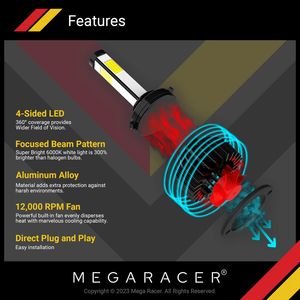 Mega Racer GMC Yukon 4 Sided H11 H9 H8 LED Headlight Bulbs 6000K Diamond White 12V 60W 10000LM GMC Yukon 2015 2016 2017 2018 2019 15 16 17 18 19 Low Beam Automotive People