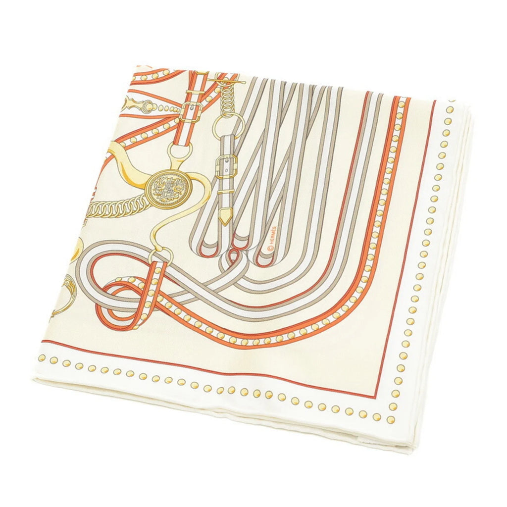 Pre-Owned Hermes Carre 45 Gavroche Scarf Grand Tralala White Cream Orange (Like New)