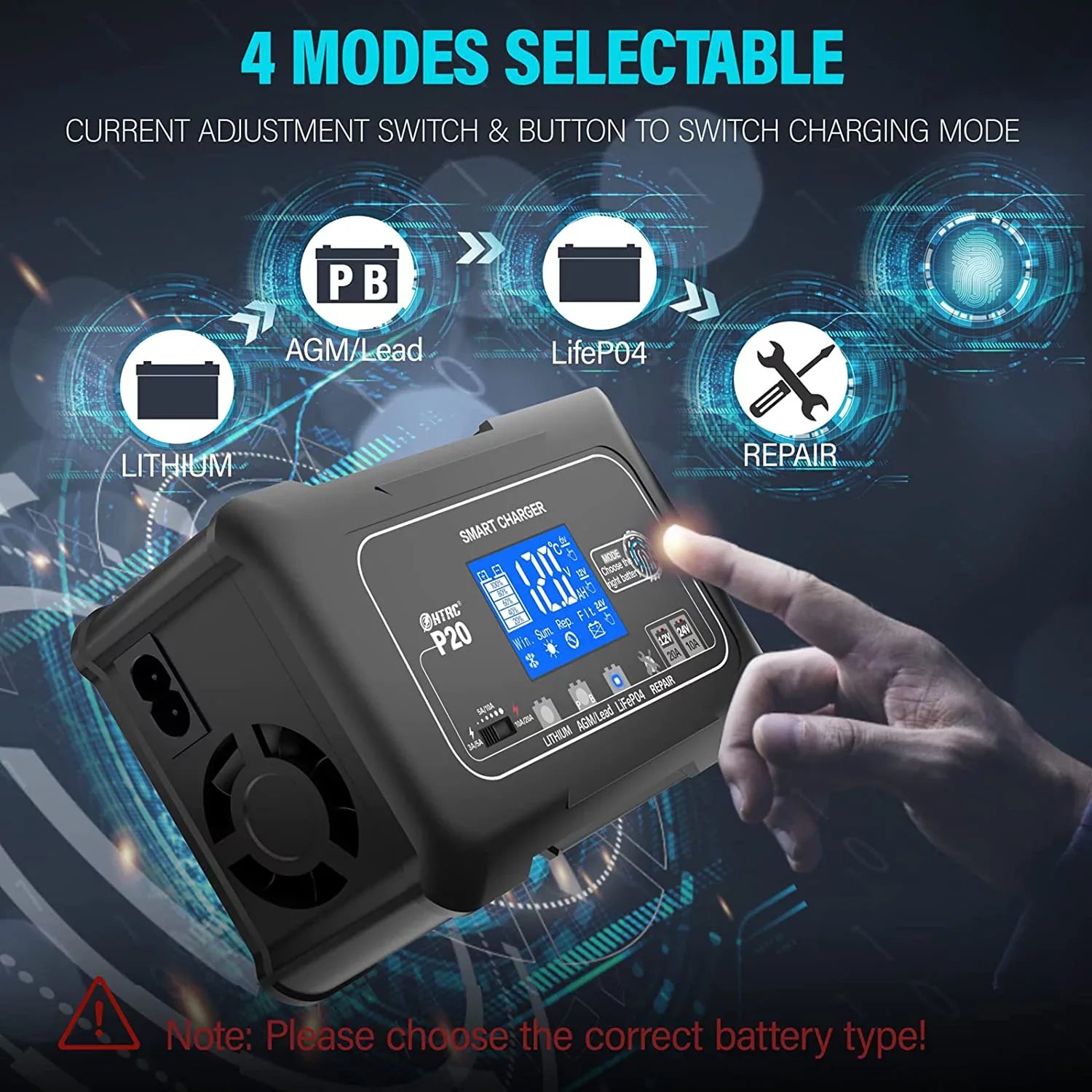 OIEXI 20-Amp Smart Battery Charger,Lithium,LiFePO4,Lead-Acid,Portable Car Battery Charger,Trickle Charger,Maintainer/Deep Cycle Charger,12V/20A and 24V/10A Adjustable,for Boat,Lawn Mower,Golf Cart..