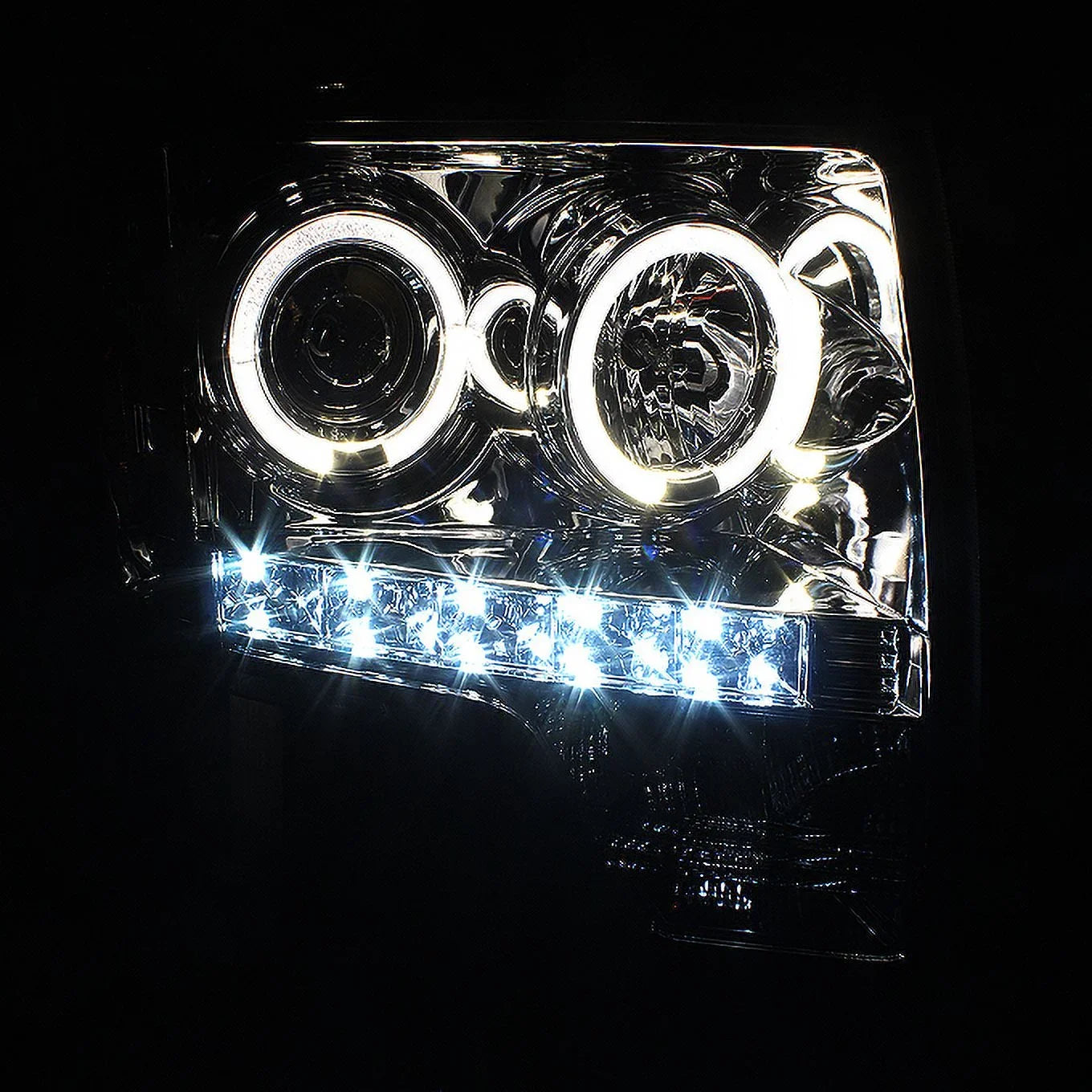 AKKON - Fits 2009-2014 Ford F-150 F150 Dual Halo Projector Smoke Headlights + Dark Smoked [C-Light Bar] LED Tail Lamp Combo