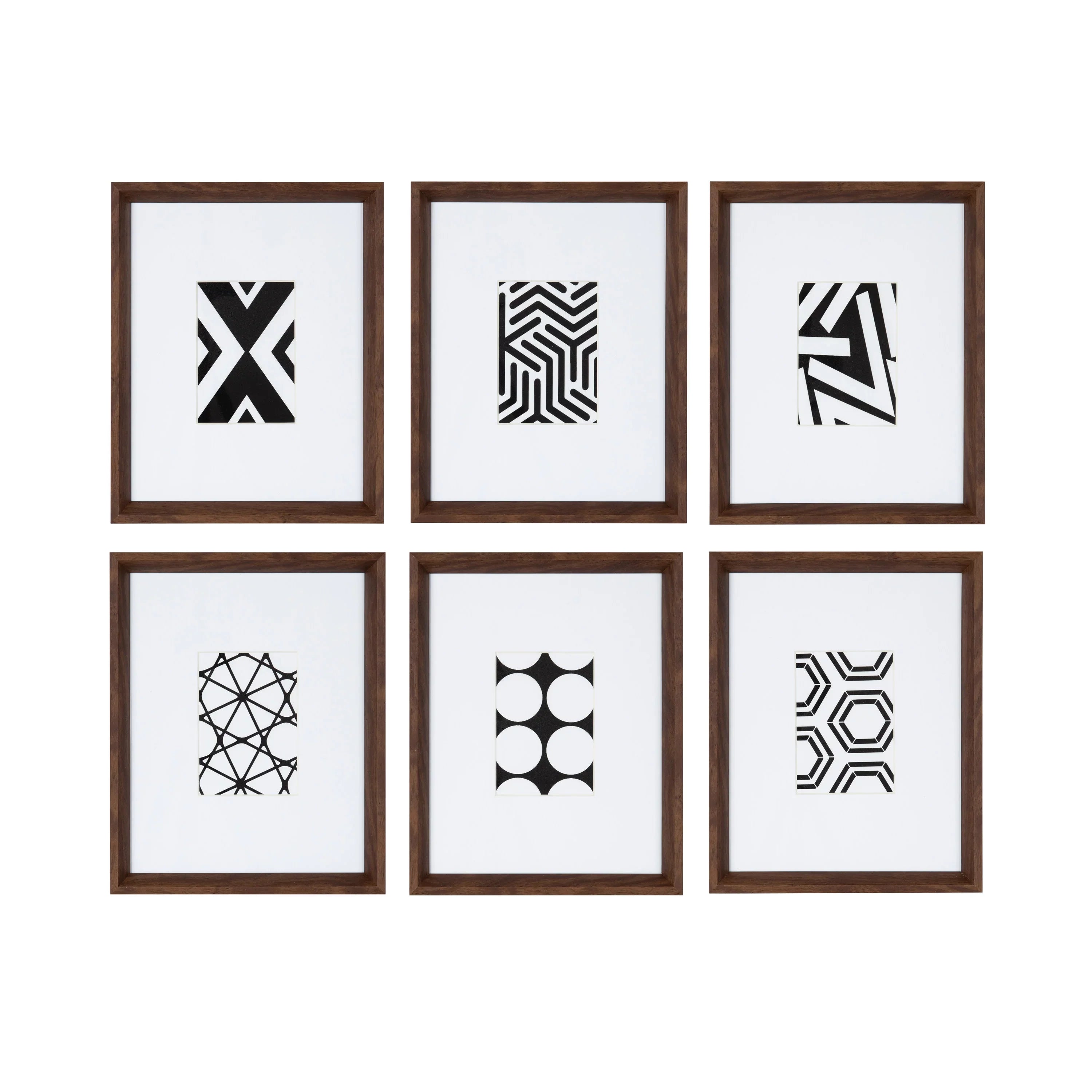 Kate and Laurel Calder Modern Framed Abstract Art Prints, Set of 6, Walnut Brown, Mid-Century Wall Decor for Display